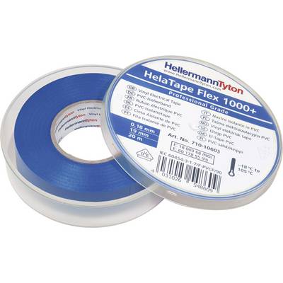 Twee rollen HelaTape Flex 1000+ van HellermannTyton, blauwe isolatietapes, 19 mm breed, geschikt voor elektrische isolatie.