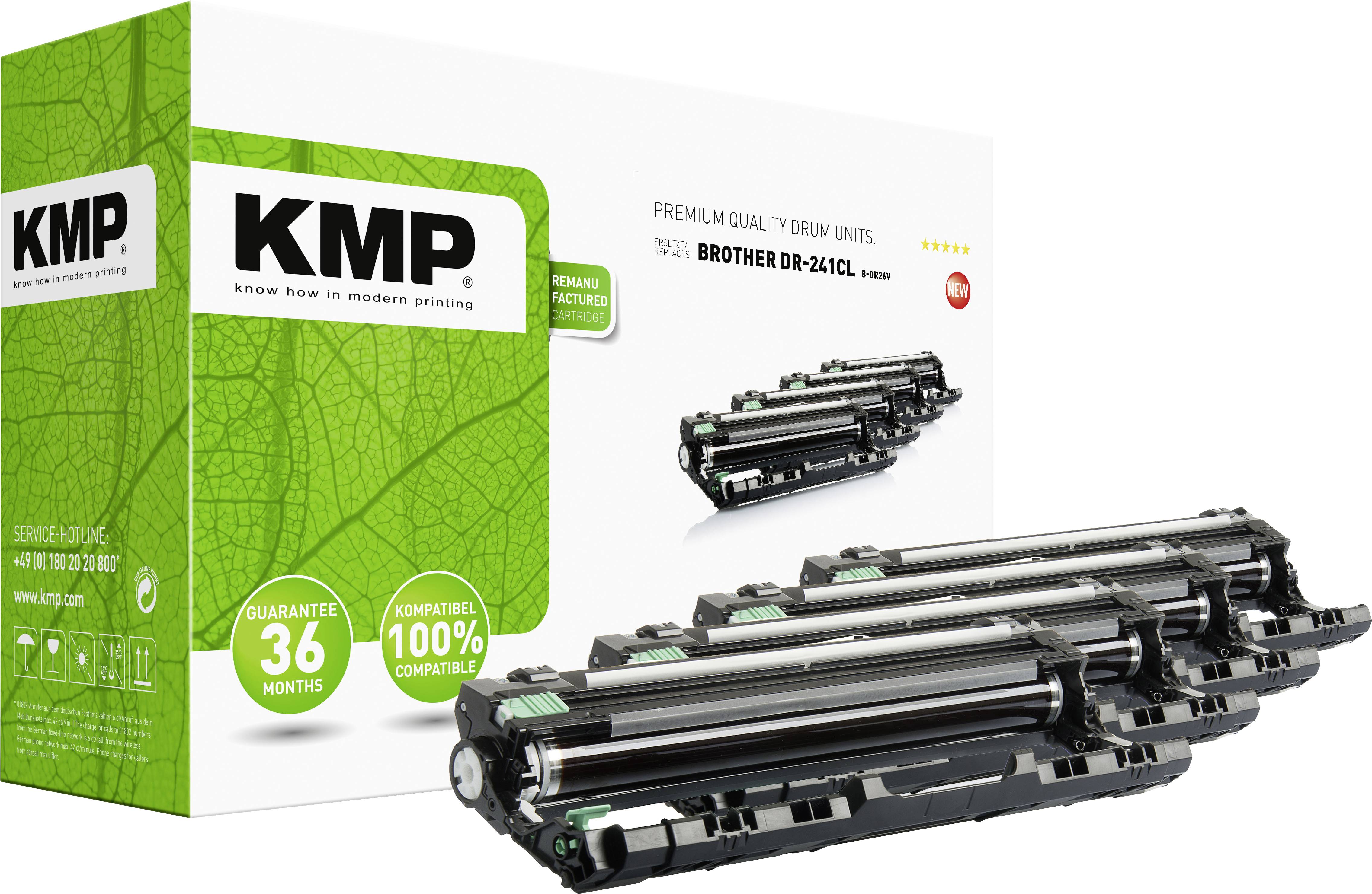 'KMP tonercartridges voor Brother DR-241CL, 4 stuks. Verpakking toont garantie: 36 maanden en 100% compatibel.'