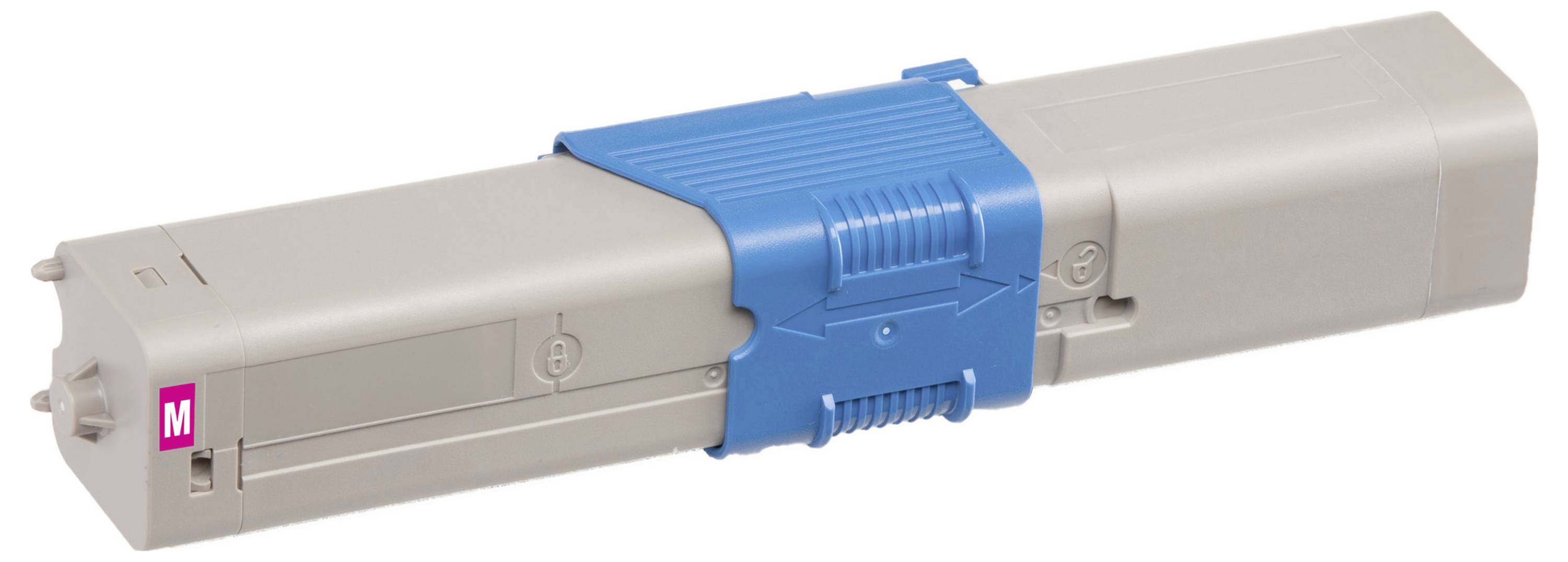 Een beige en blauwe tonercartridge voor een printer, geïsoleerd op een witte achtergrond weergegeven.