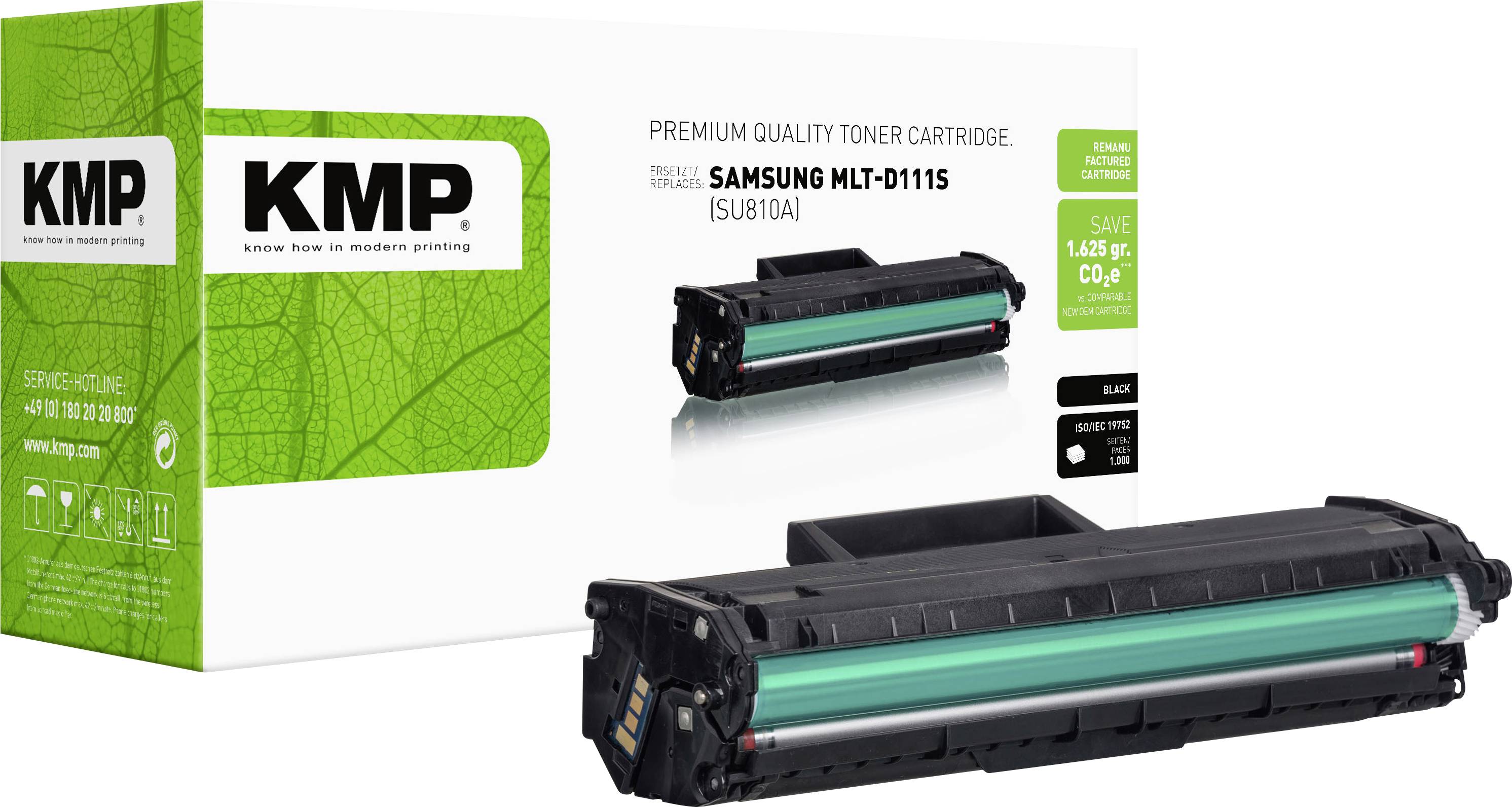 KMP premium kwaliteit tonercartridge voor Samsung ML-TD111S [SU810A], afgebeeld met verpakking en de zwarte cartridgeproductafbeelding.