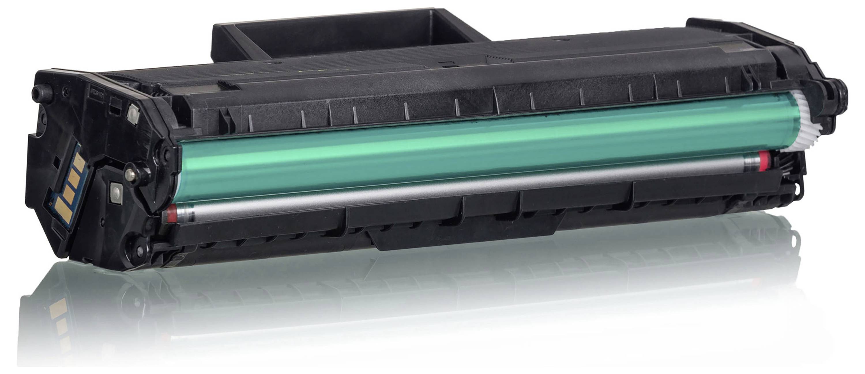 Zwarte printertoner cartridge met een blauwgroene trommel, weergegeven in zijaanzicht op een witte achtergrond met een zwakke weerspiegeling.