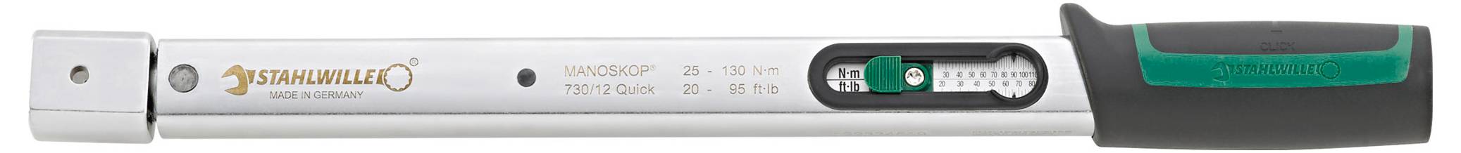 Een momentsleutel met een zwart en groen handvat en een schaal die momentniveaus aangeeft, gebruikt voor het precies aandraaien van moeren en bouten.