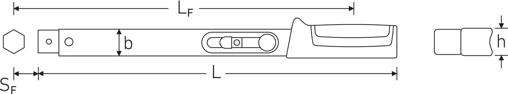 'Technische tekening van een verstelbare sleutel met gelabelde afmetingen: LF, SF, b, L, en h. Kenmerken omvatten een verstelbaar mechanisme en handvat.'