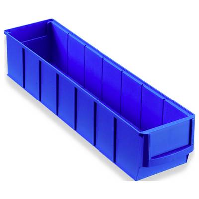 Een lange, blauwe kunststof container met versterkte zijwanden, geschikt voor opslag of organisatie van kleine voorwerpen.