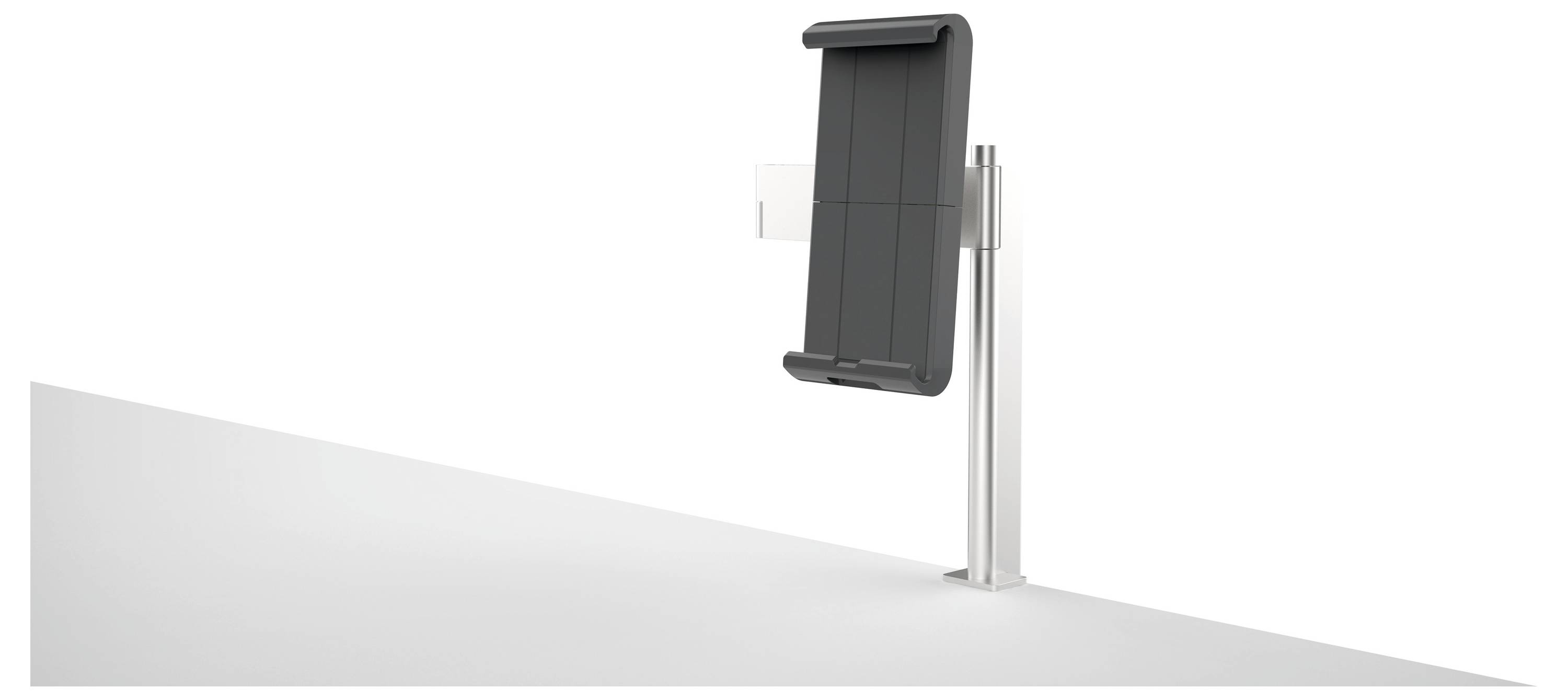Lange zilveren tafeltabletstandaard met verstelbare houder voor tablets of smartphones. Ideaal voor handsfree gebruik en presentaties.