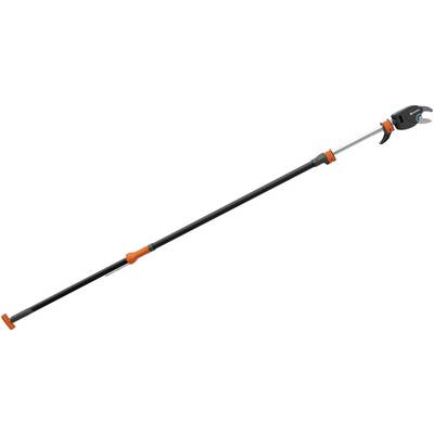 Een telescopische takkenschaar met een zwarte, uittrekbare steel en oranje accenten, voor het snoeien van takken op grote hoogte.