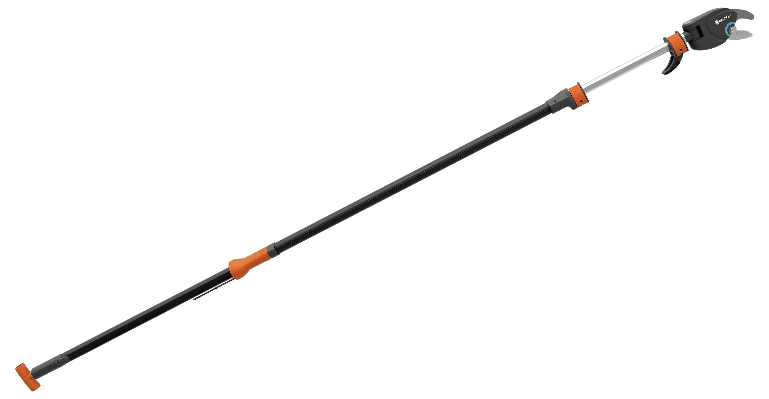 Een telescopische takkensnoeier met zwarte steel en oranje elementen. Ideaal voor het snoeien van hoog geplaatste takken.
