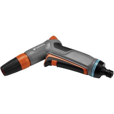 Grijze en oranje tuinsproeier van Gardena. De sproeikop is zwart, de handgreep ergonomisch gevormd. Etiket: 'Het origineel'.
