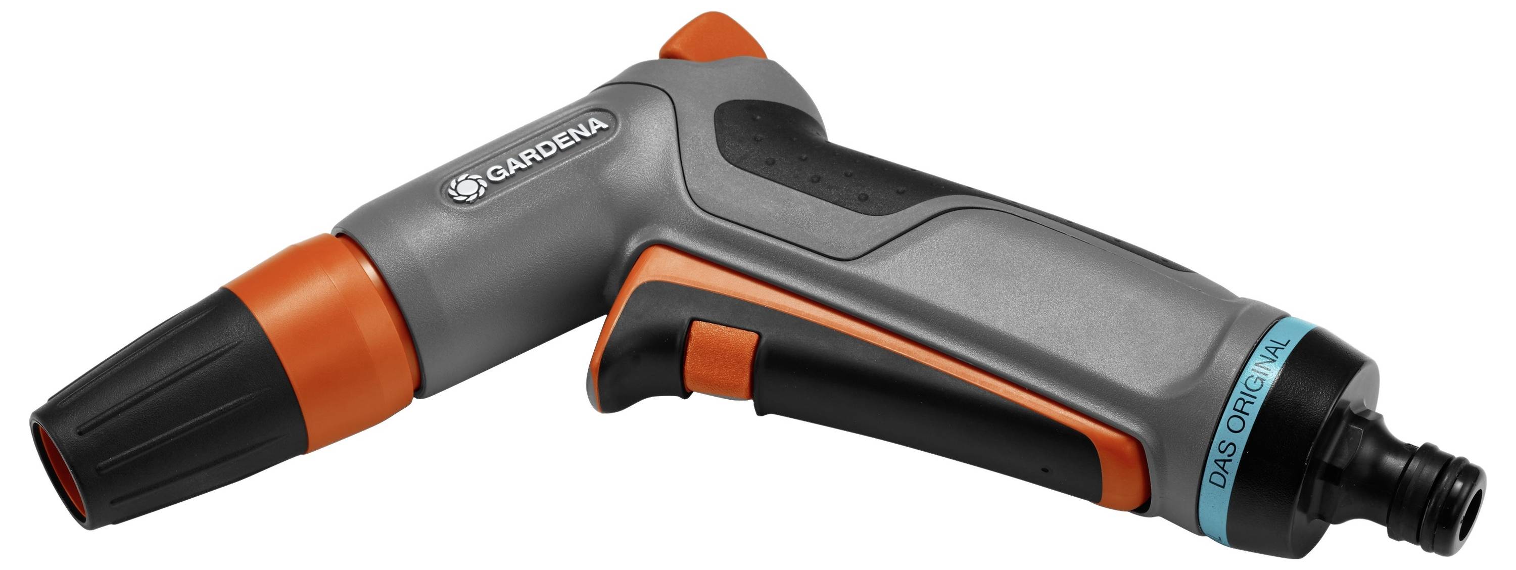 Grijze en oranje tuinsproeier met ergonomische handgreep en verstelbare sproeikop, geschikt voor verschillende irrigatietoepassingen.