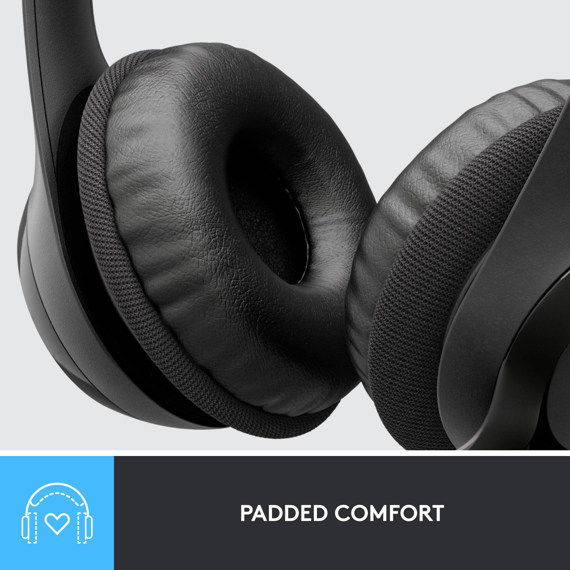 Koptelefoon met zachte, gewatteerde oorschelpen voor maximaal comfort, met daaronder de tekst 'Gedempt en comfortabel'.