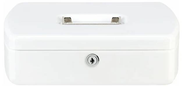 Een witte metalen geldkist met een handvat bovenop en een sleutelgat aan de voorkant.