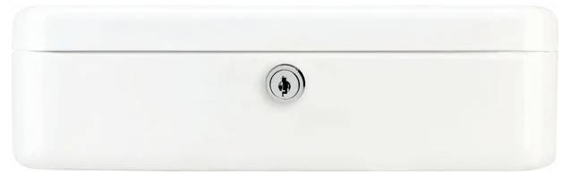 Een witte rechthoekige afsluitbare geldkist met een sleutelgat in het midden.