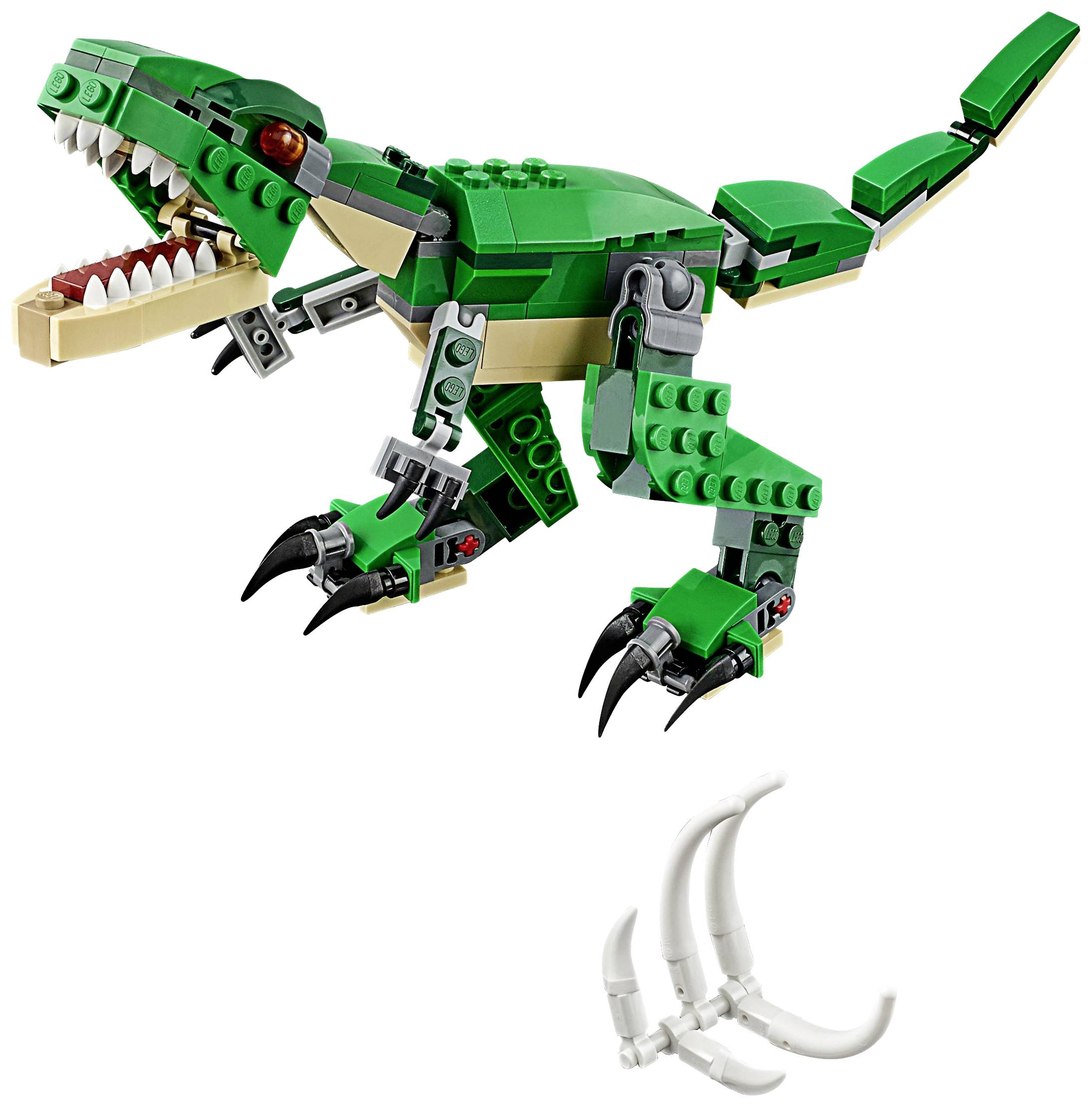 Een groene dinosaurus van LEGO-stenen met beweeglijke ledematen en open kaken, afgebeeld terwijl hij rent. Drie witte klauwen zijn ernaast afgebeeld.