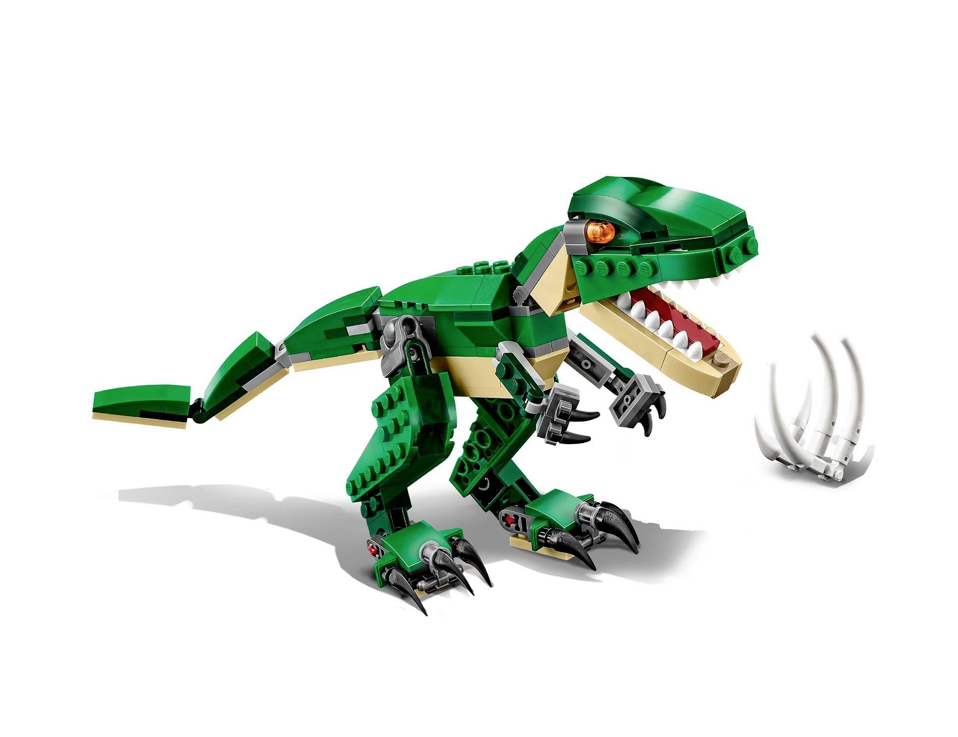 Groene dinosaurus gemaakt van bouwstenen met open bek en tanden, naast hem enkele witte botten op een lichte achtergrond.