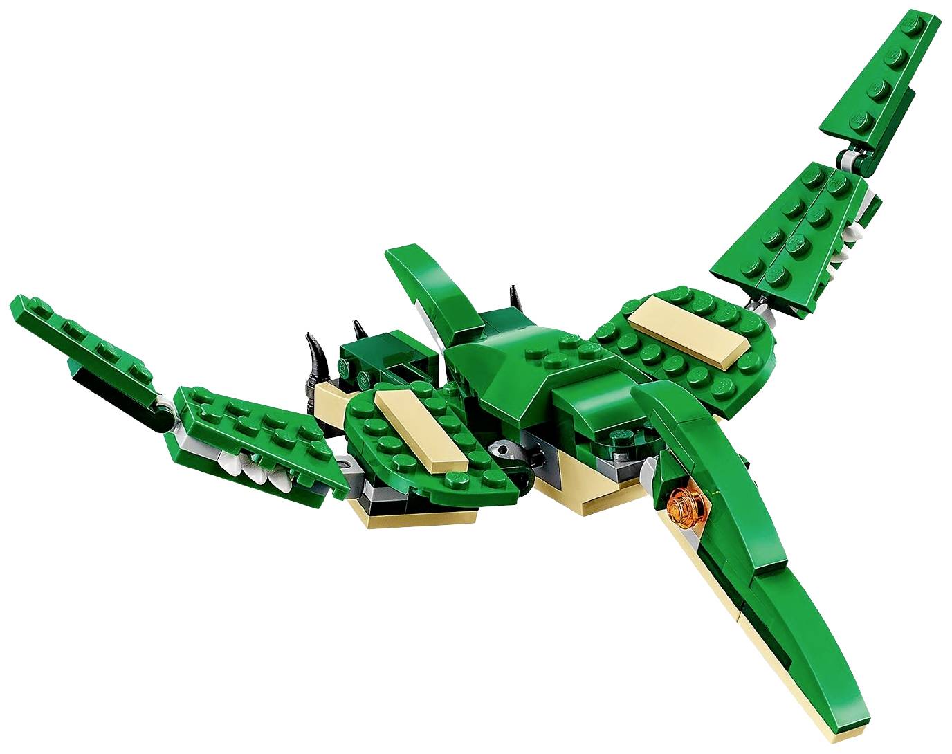 Een groene LEGO-dinosaurus in vlieghouding met beweegbare vleugels, staart en bek.