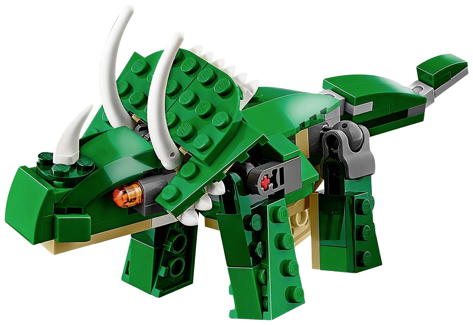 Een groen LEGO-model van een Triceratops. Het heeft gedetailleerde kenmerken zoals hoorns en knobbels op de rug.