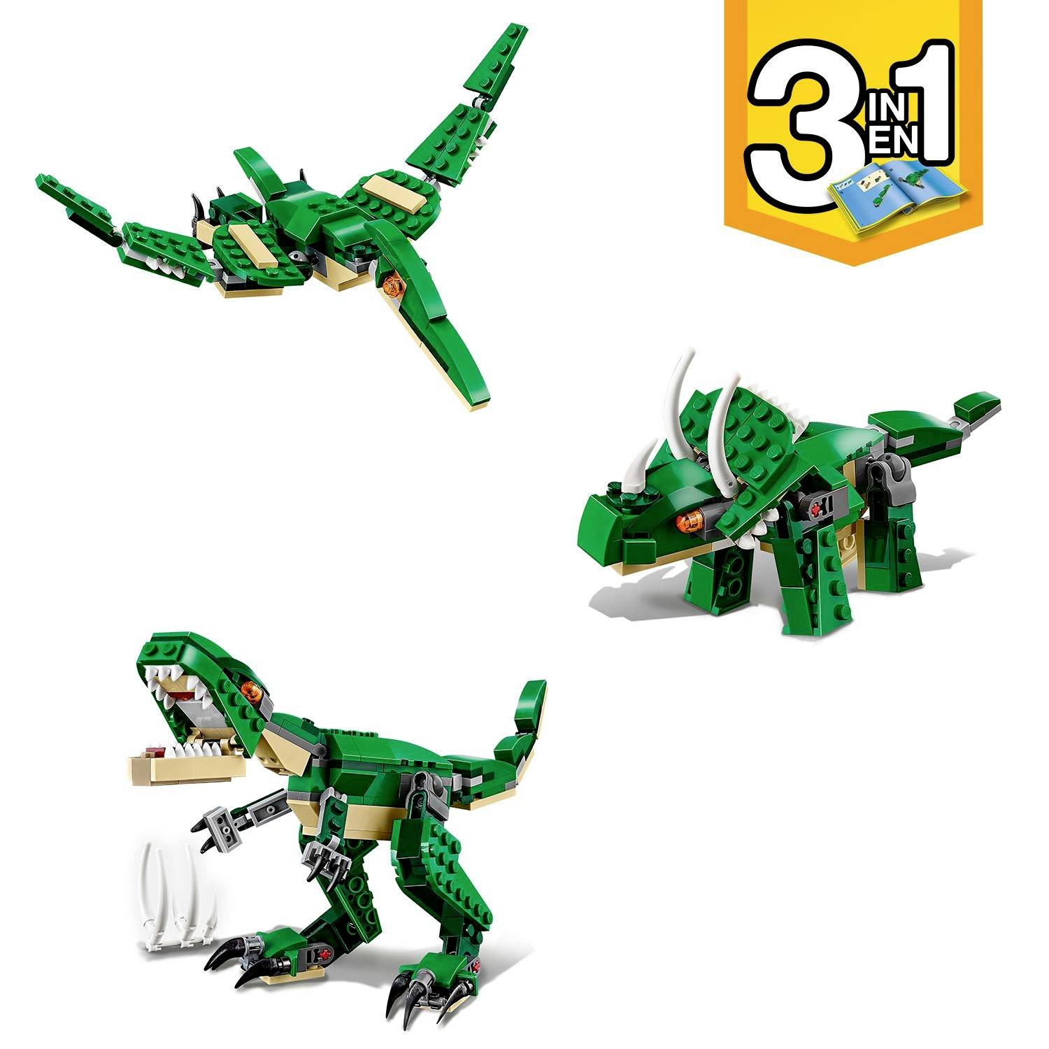 'Drie groene LEGO Dinosaurus-modellen in een 3-in-1-set: een vliegende dinosaurus, een Triceratops en een T-Rex. Bovenste gedeelte toont een afbeelding van de set.'