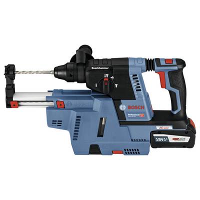 Een blauwe Bosch-boorhamer met een metaalboor, een zijdelingse handgreep en een rode schakelaar. Opschrift: 'Professional 18V System'.