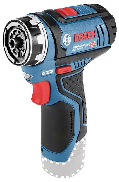 Een blauwe en zwarte Bosch professionele accuschroefboormachine met een rode trekker, gepresenteerd tegen een witte achtergrond.