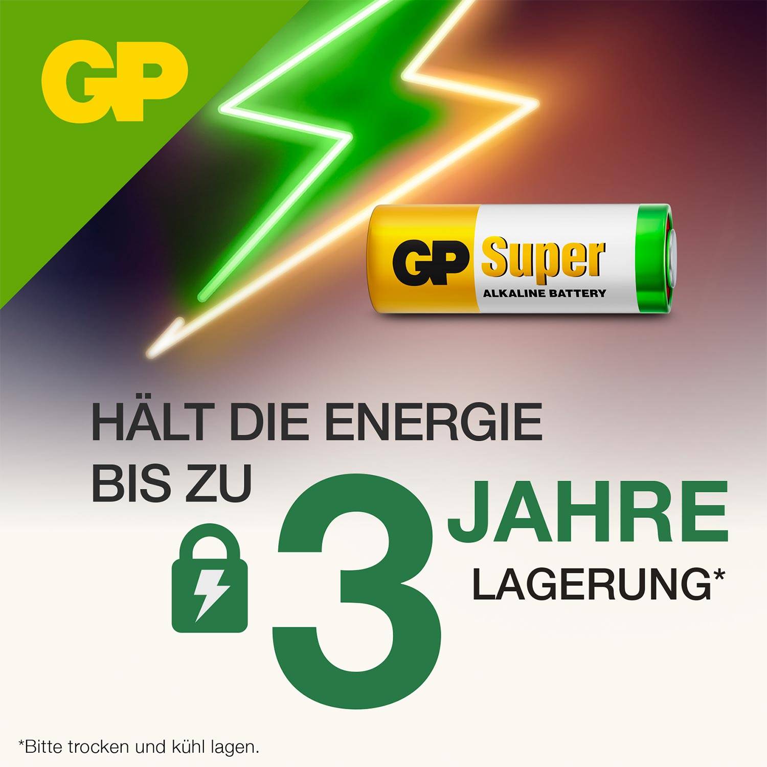 GP-batterij-reclame met een bliksemsymbool en de tekst 'Behoudt energie tot 3 jaar opslag'.