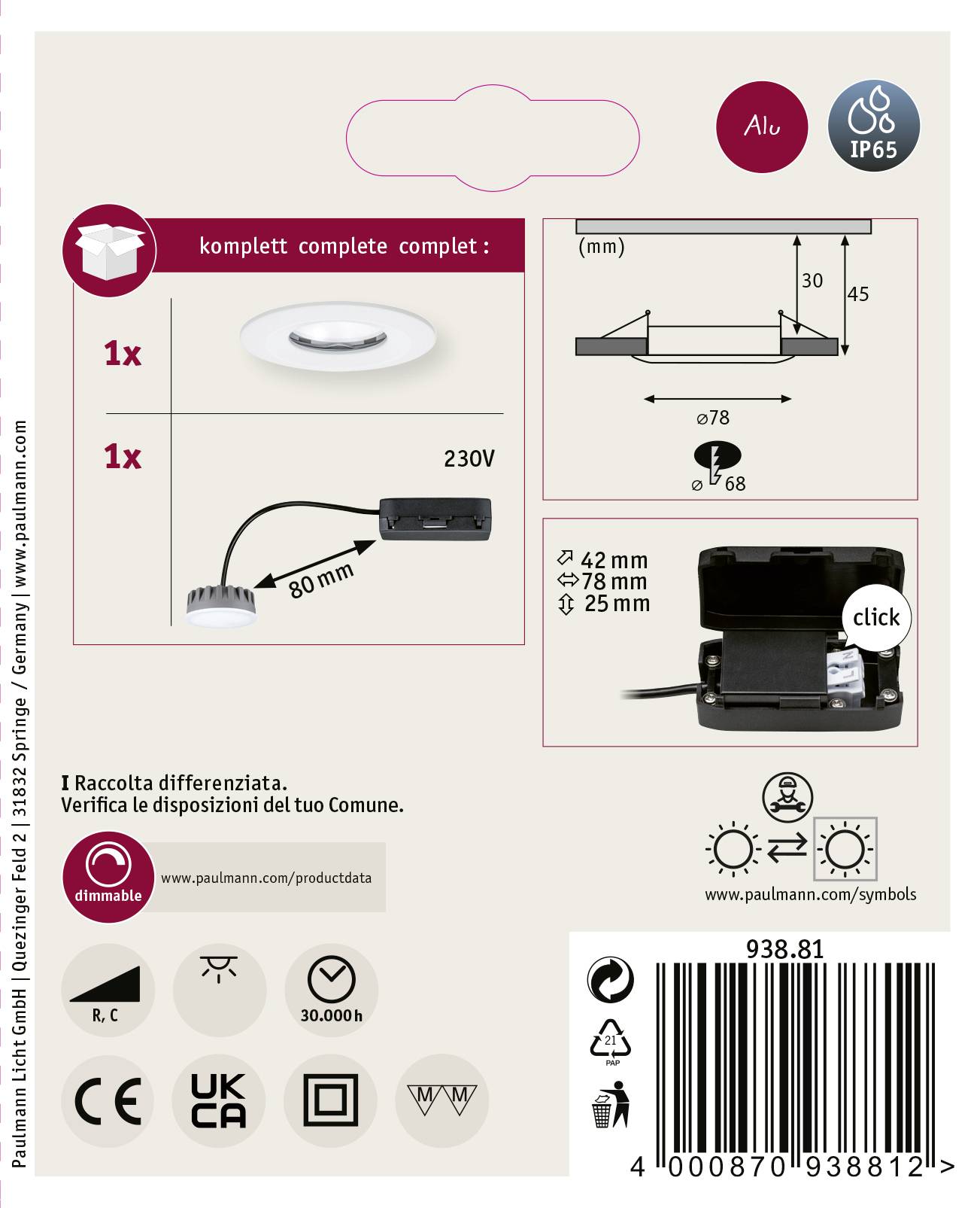 Productverpakking voor LED-inbouwspots met dimfunctie. Toont afmetingen, spanning (230V), beschermingsklasse (IP65) en klik-verbinding. Bevat barcode en fabrikantgegevens.