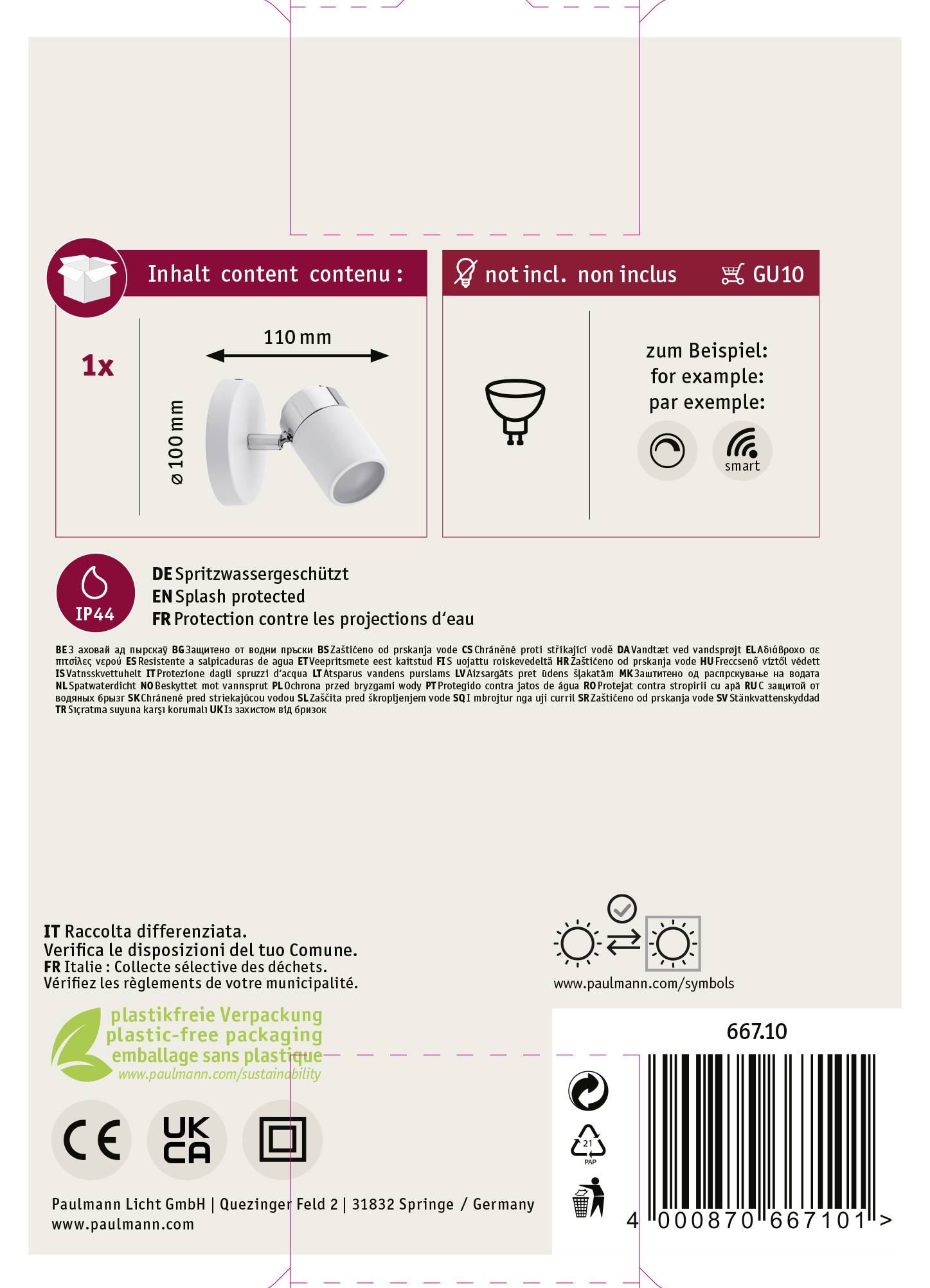 'Packaging of an LED spotlight with splash water protection (IP44), including GU10 socket. Dimensions: 110mm x 90mm. Recycling information included.'