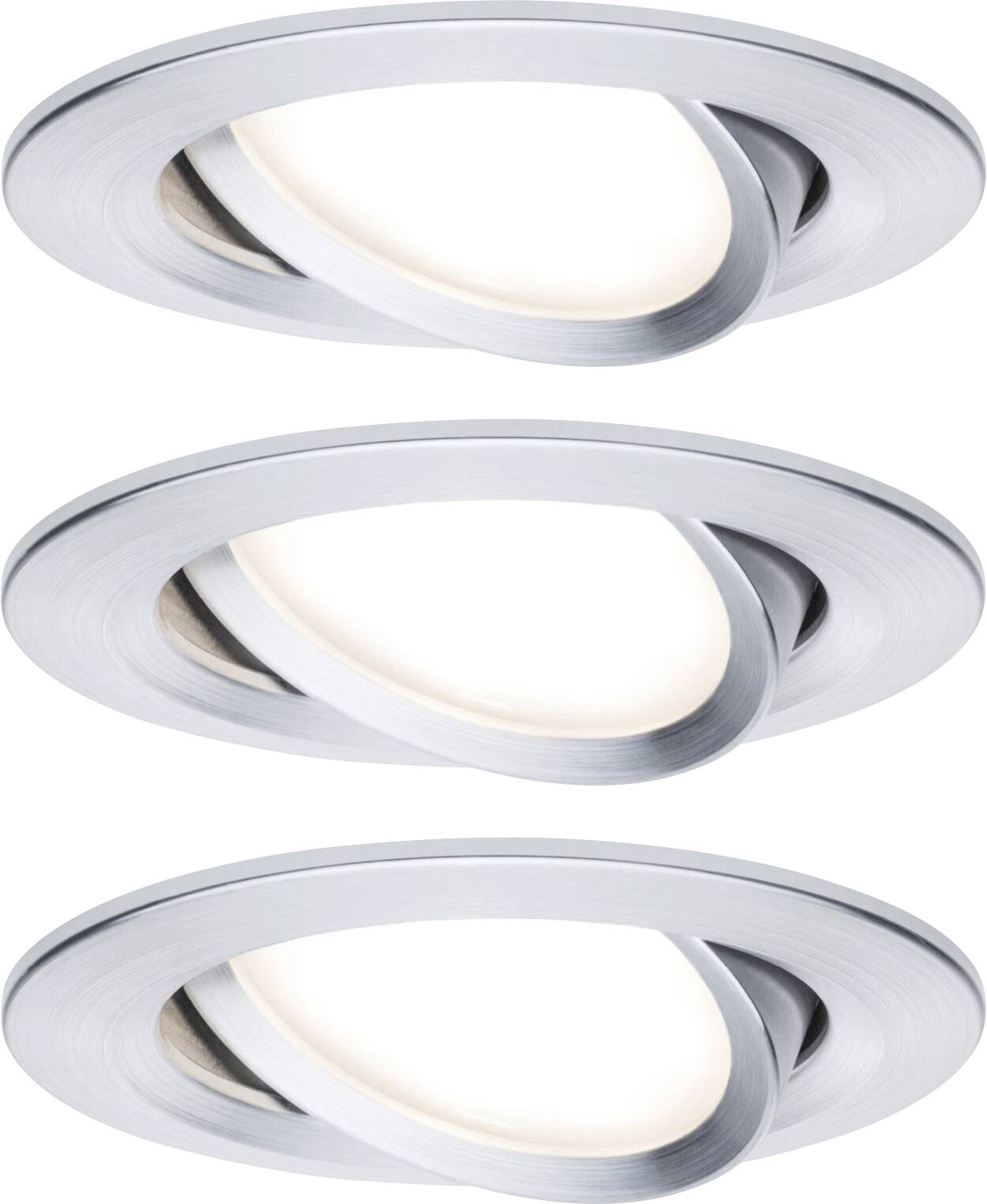 Drie verstelbare LED-plafondspots in een zilveren behuizing, die het licht in verschillende richtingen kunnen sturen.