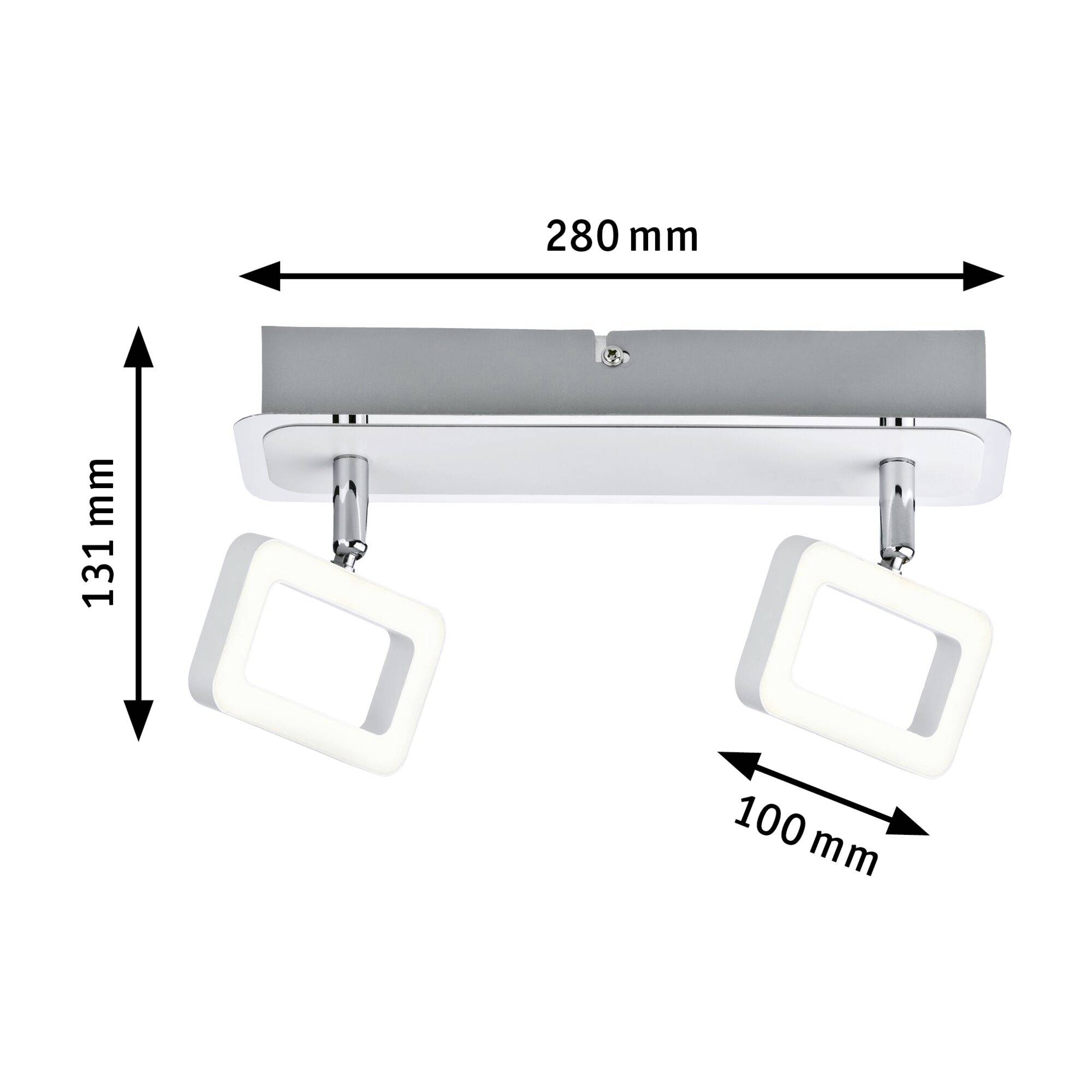 Plafondlamp met twee vierkante lichtpanelen, zilverkluis behuizing. Afmetingen: breedte 280 mm, hoogte 131 mm, elementdiepte 100 mm.