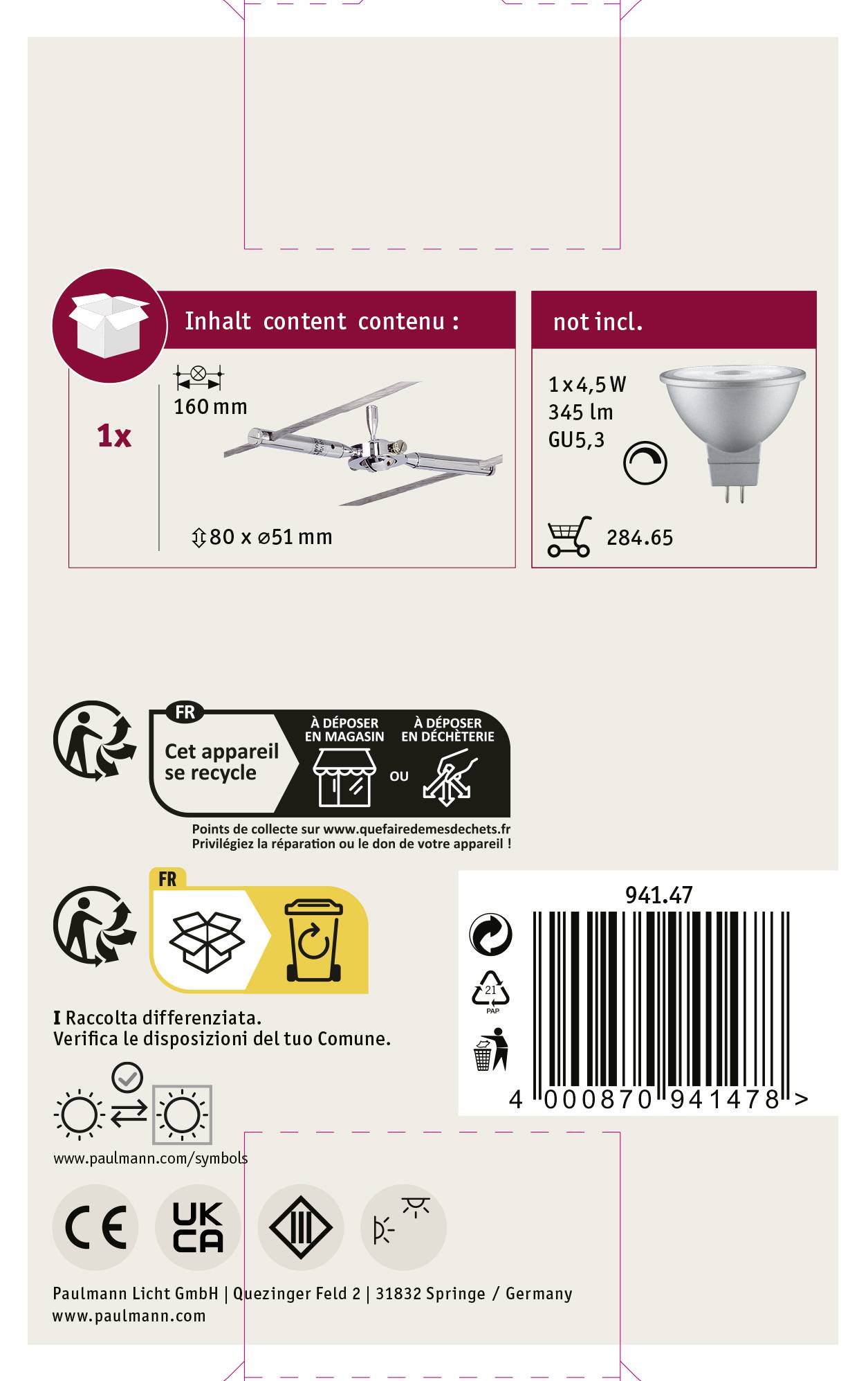 Verpakking van een LED-plafondlamp. Bevat details over de afmetingen, lampfitting GU5.3, energieverbruik en recyclinginstructies.
