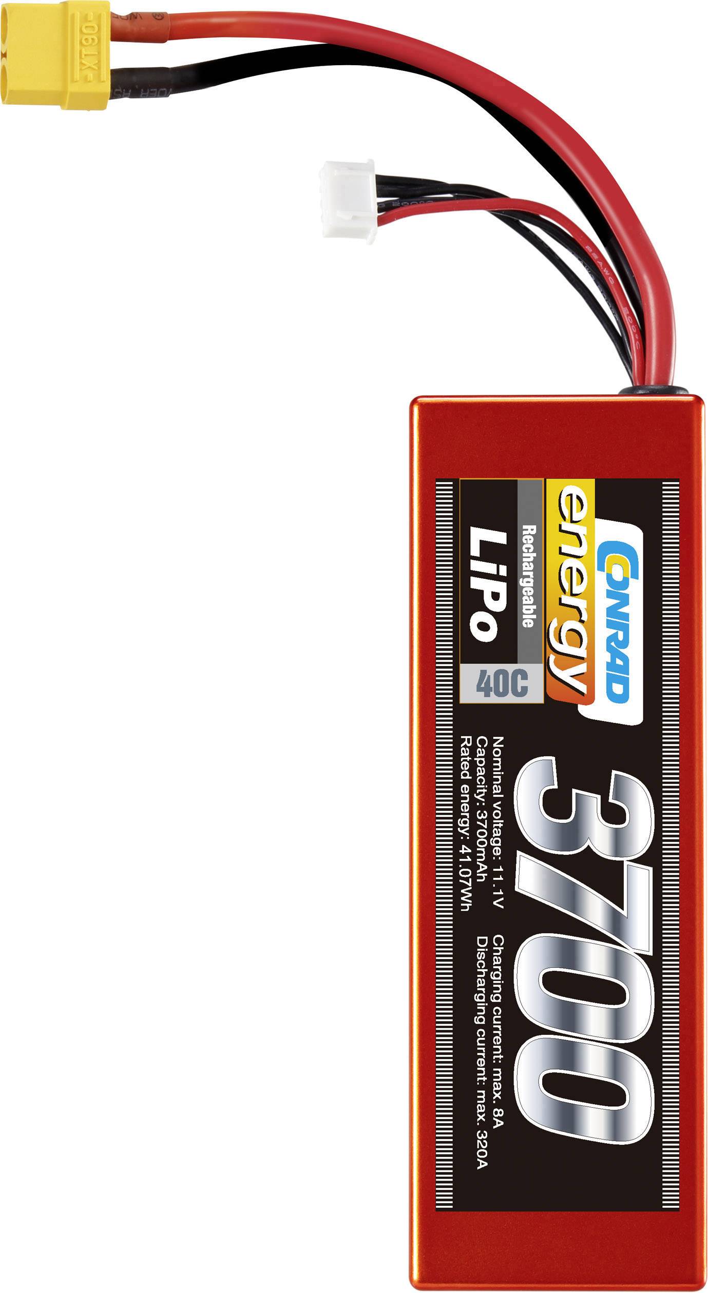 LiPo-accu 3700 mAh, 11,1 V, van Conrad Energy met XT60-stekker en balansaansluiting. Geschikt voor modelbouwtoepassingen.