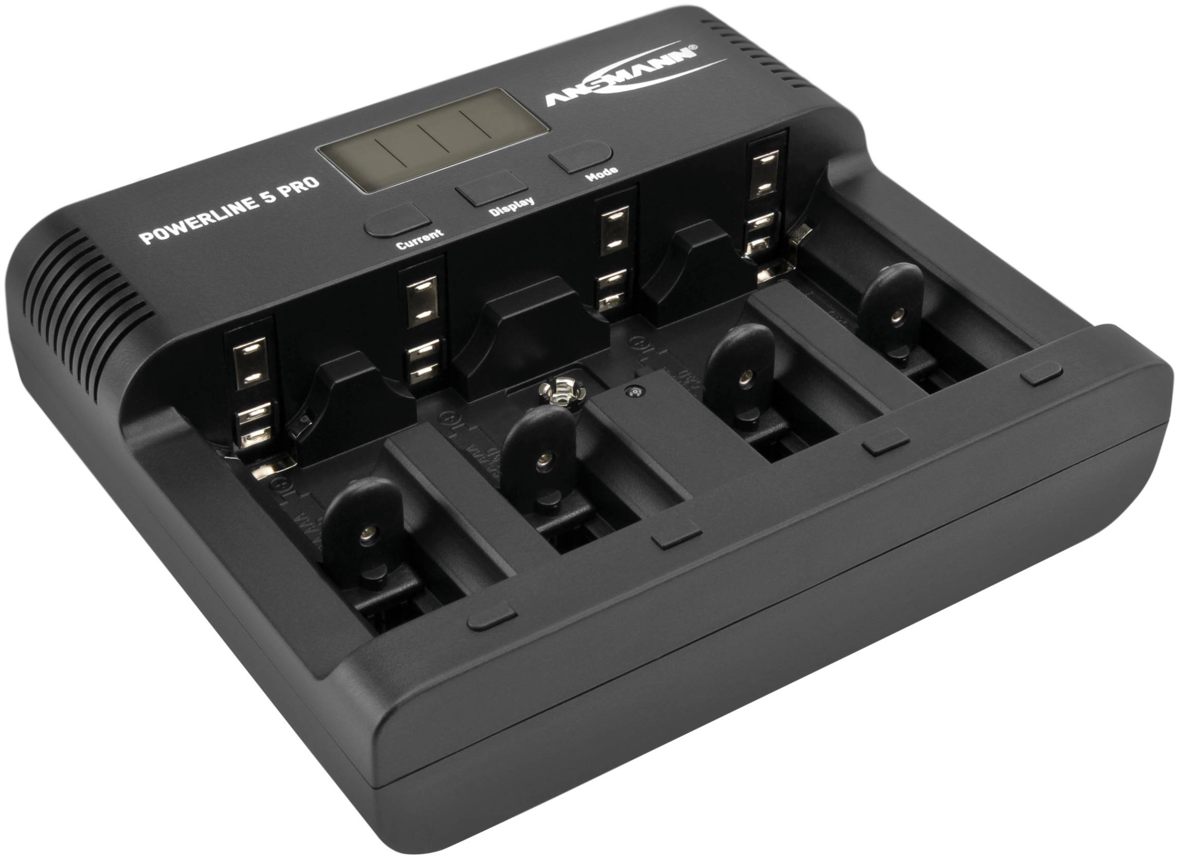 Oplader met het opschrift 'POWERLINE 5 PRO', toont vier laadsleuven voor AA- of AAA-batterijen. LCD-display en bedieningstoetsen zichtbaar.