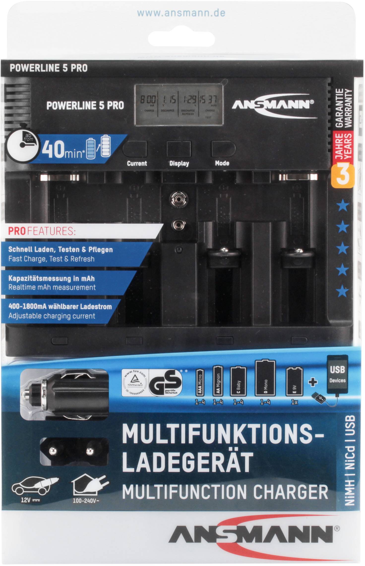'Multifunctionele lader' verpakking toont oplaadcompartiment voor AA/AAA-batterijen en USB-aansluiting. Bevat laadgegevens en logo.