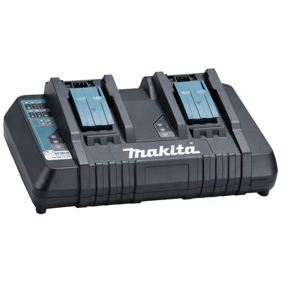 Dubbele oplader van Makita voor accu's, model DC18RD, met LED-indicatoren voor de laadstatus en twee oplaadsleuven.