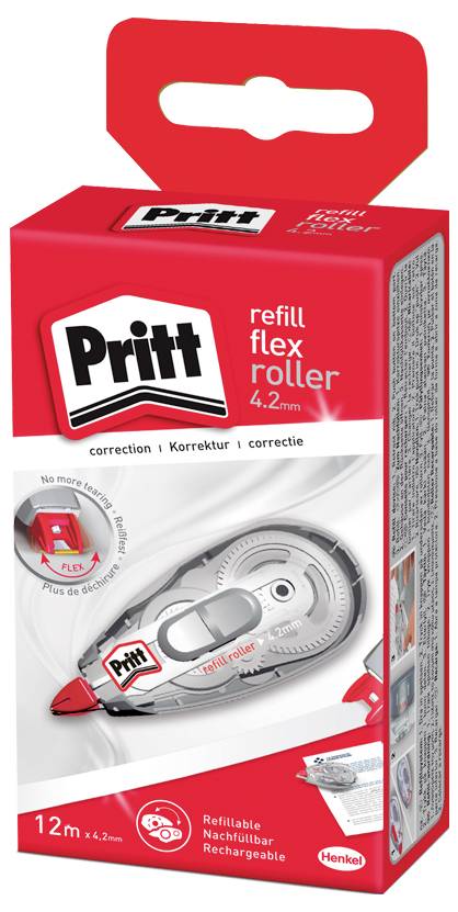 Een rood-wit verpakking van een Pritt navulbare flex roller, waarop een correctielint-apparaat te zien is met details zoals '12m x 4.2mm' en 'Navulbaar'.