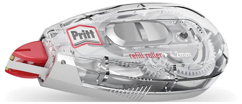 Een transparante correctietape-dispenser van 'Pritt' met zichtbare interne tandwielen, 4,2 mm breed, met een rode tape-applicator.