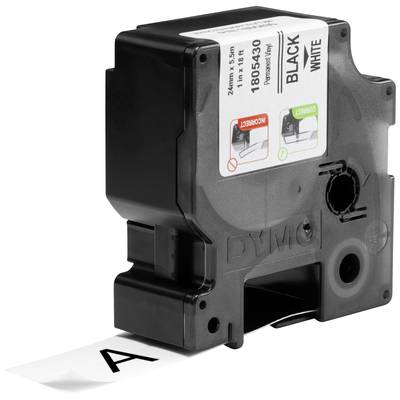 Zwarte Dymo-labelcassette met wit tekstlint, toont een gedrukte 'A'. Geschikt voor 12 mm brede etiketten.