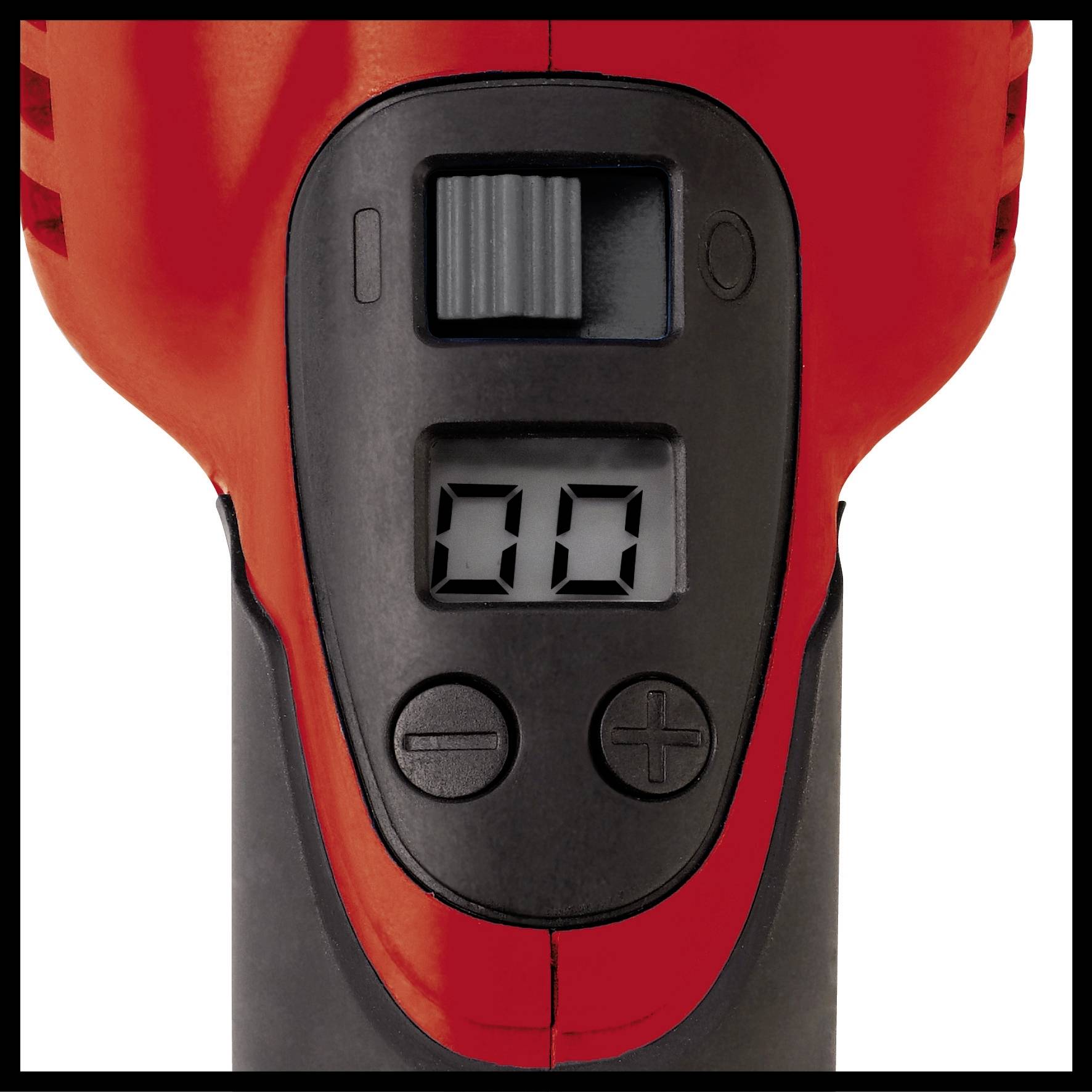 Een rode elektronische spanningsmeter toont '00' op een digitaal display, met plus- en mintoetsen eronder.