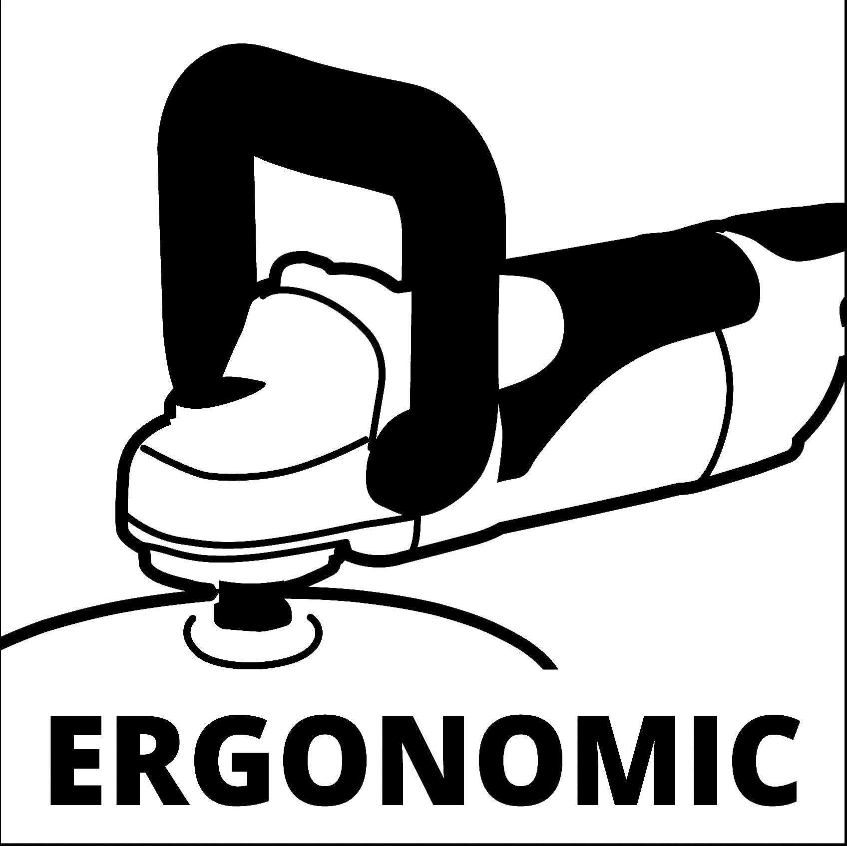 Een ergonomische handfrees wordt getoond. Daaronder staat in grote letters 'ERGONOMISCH', wat de gebruiksvriendelijkheid benadrukt.
