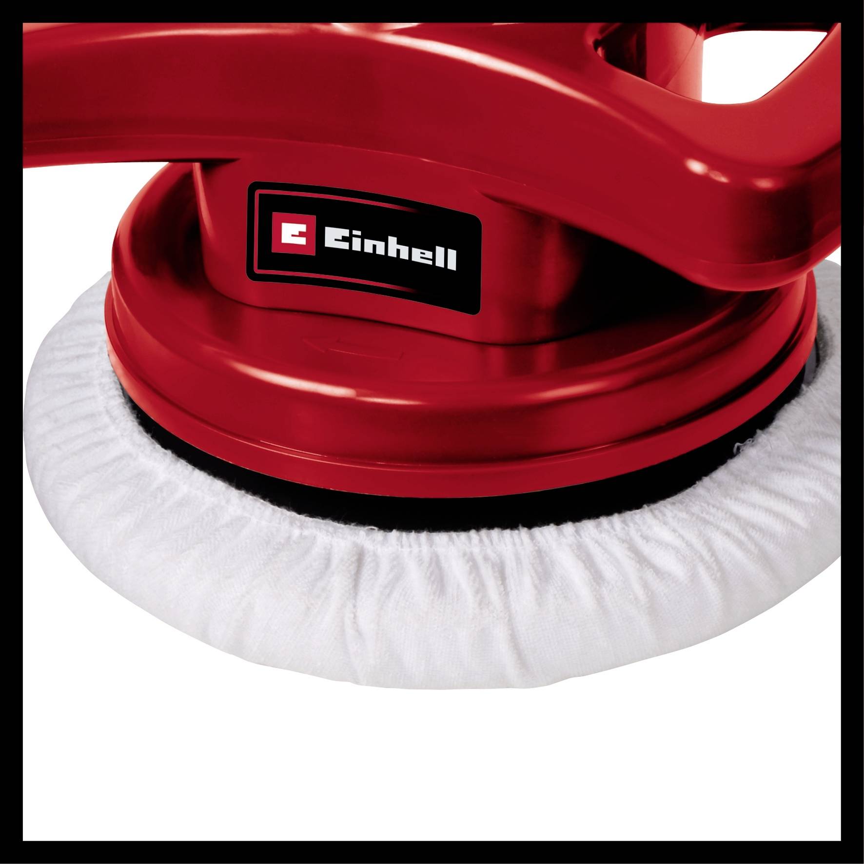Een rode polijstmachine van het merk Einhell met een rond wit polijstpad, geschikt voor autolakonderhoud en oppervlaktebehandeling.