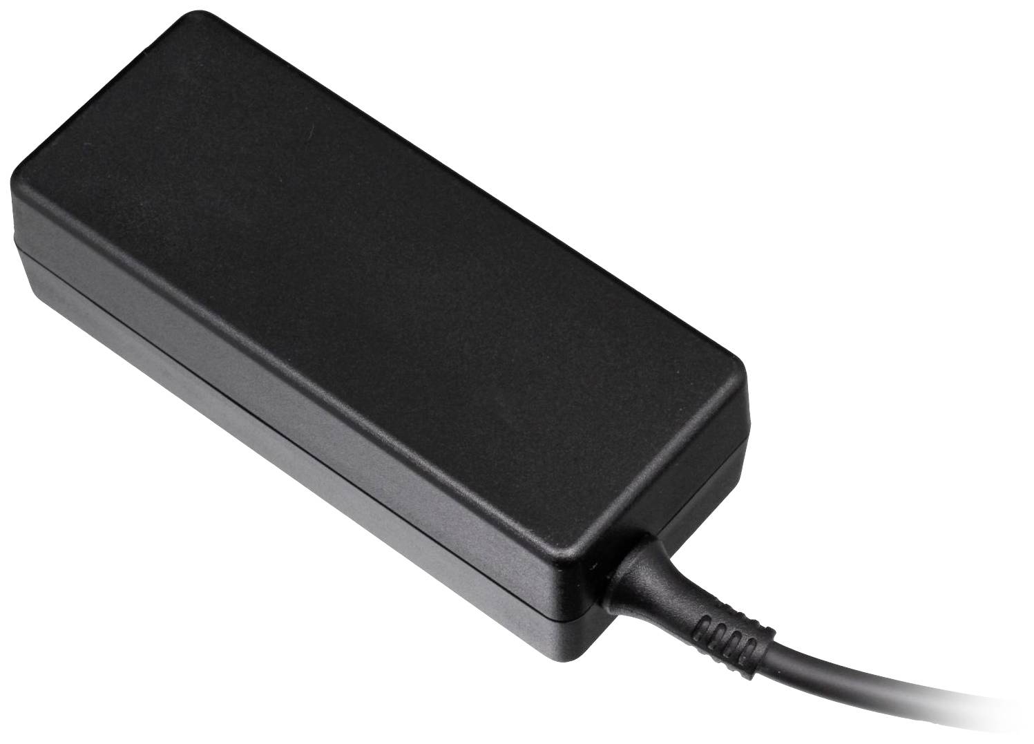 Een rechthoekige, zwarte voedingsadapter met aangesloten kabel, gebruikt voor de stroomvoorziening van elektronische apparaten.