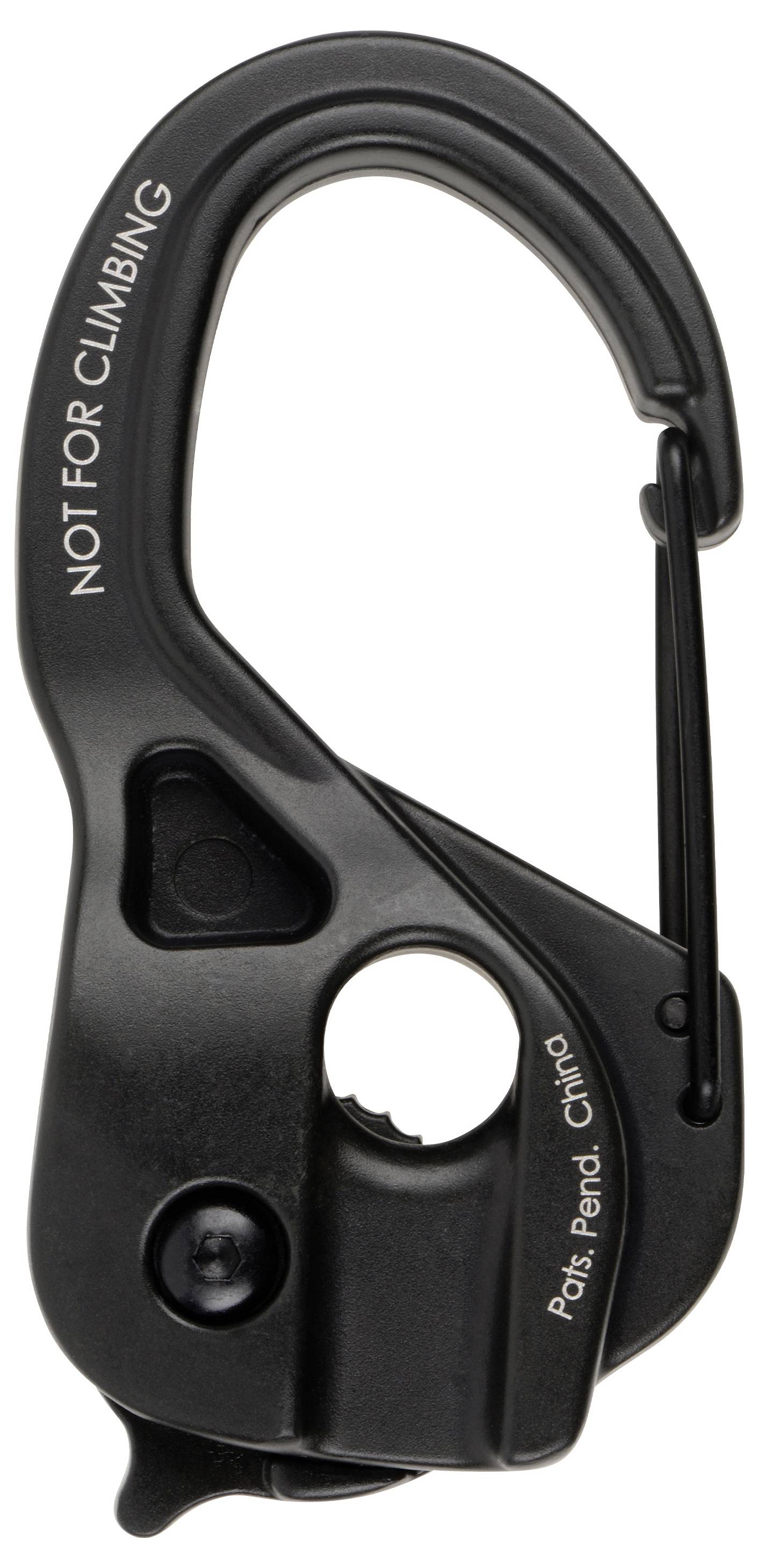 Een zwarte karabijnhaak met een hefboom en een opvallende waarschuwing: 'NIET GESCHIKT VOOR KLIMMEN'.