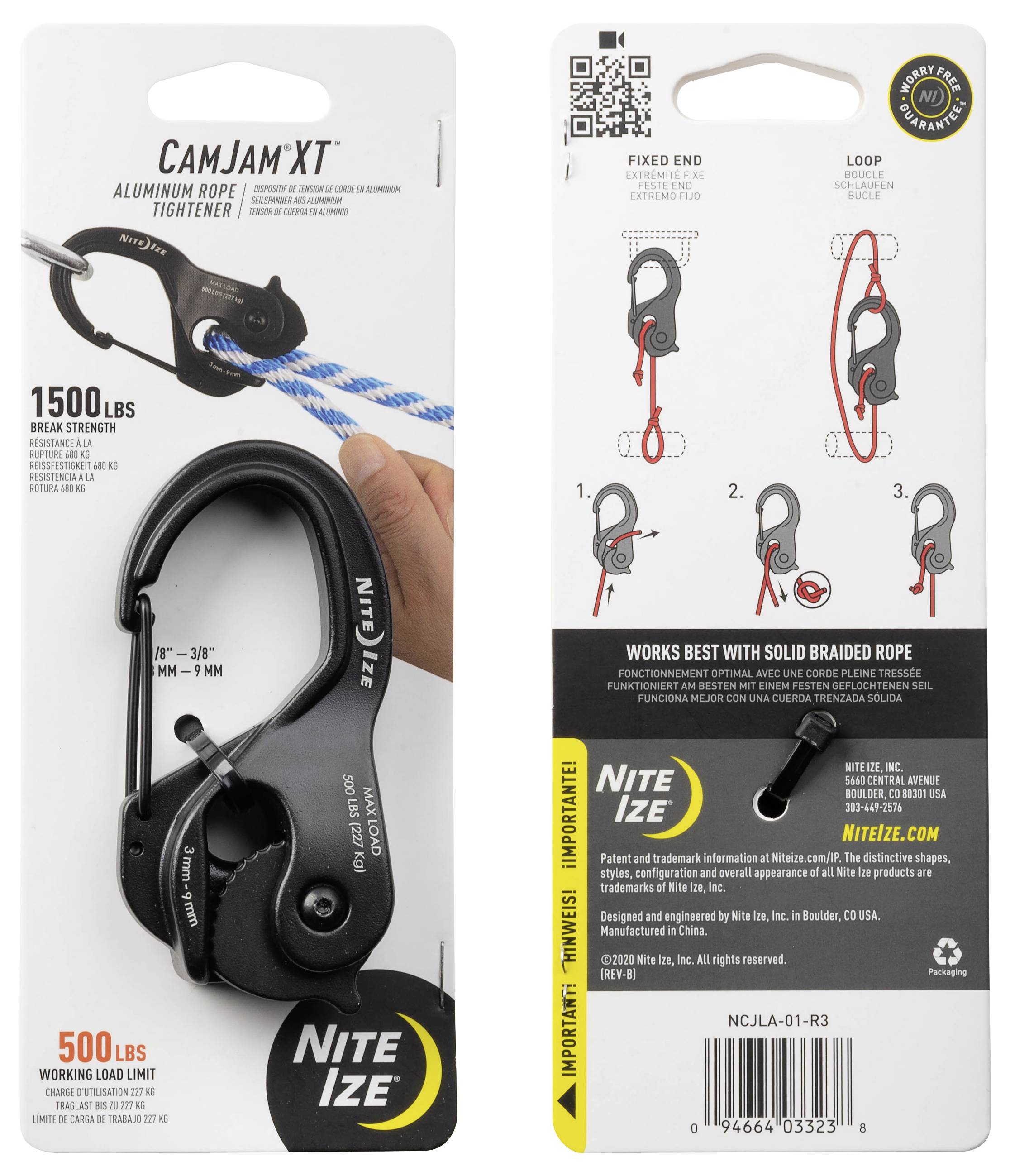 Verpakking van een 'CamJam XT' aluminium touwspanner van Nite Ize met een breeksterkte van 1500 lbs en een werkbelastingslimiet van 500 lbs. Voorzijde toont de bevestiging in gebruik; achterzijde verstrekt instructies en kenmerken.