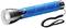 Blauwe zaklamp met zwarte draagriem, metalen kop en gerubberde handgreep.