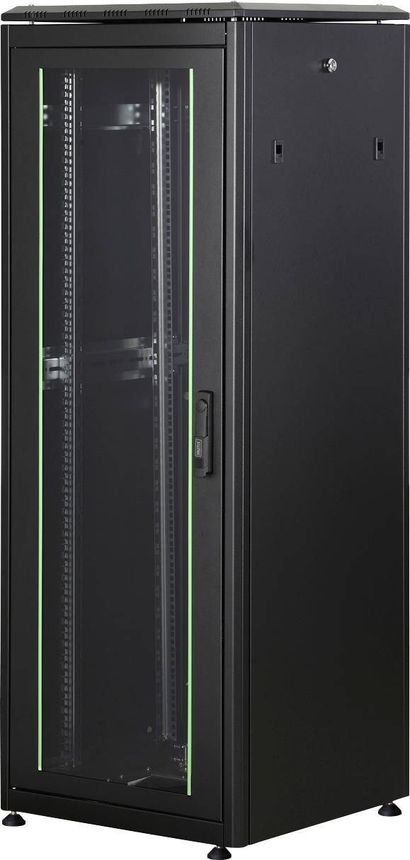 Een zwarte serverrack-kast met glazen deur, geschikt voor het herbergen van netwerk- of IT-apparatuur in een datacenter.