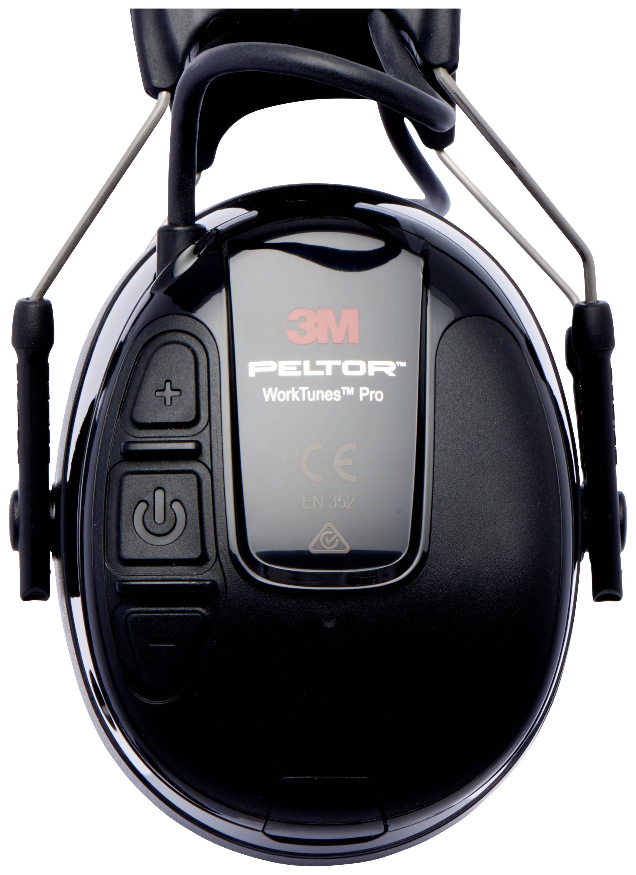 Zwarte gehoorbescherming van het merk '3M Peltor WorkTunes Pro' met bedieningsknoppen op de oorschelp, geschikt voor lawaaiige omgevingen.