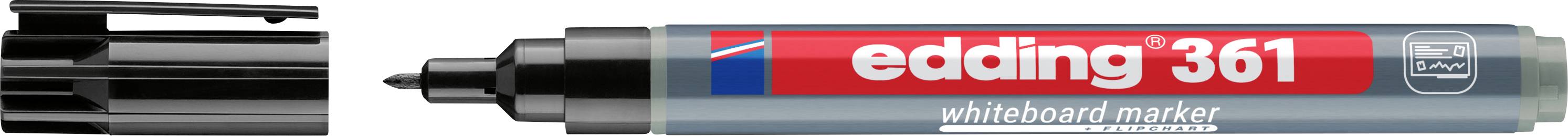 Zwarte whiteboard marker met dop verwijderd, gelabeld 'edding 361' en 'whiteboard marker', weergegeven naast de dop.