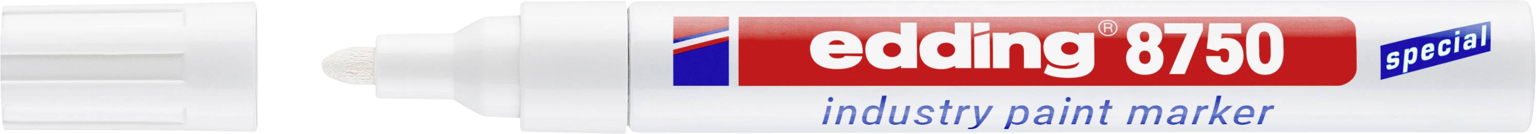 Edding 8750 speciaal industrieel verfstift, weergegeven in wit met rode dop en blauw-rood label.