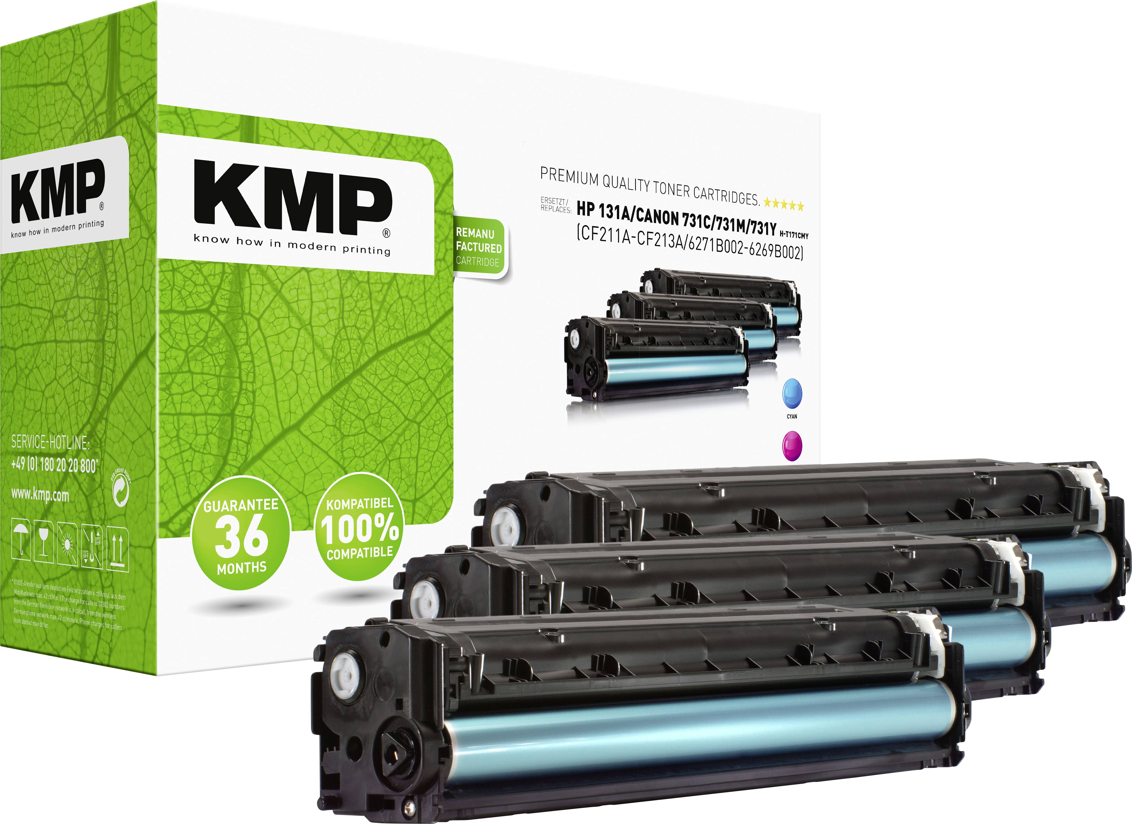 Drie zwarte tonercartridges voor een verpakking met een groen bladpatroon en KMP-logo. Tekst op de doos: 'Premium Quality Toner Cartridges'.