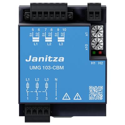 Elektronisch meetapparaat met blauwe frontopdruk 'Janitza UMG 103-CBM', toont aansluitingen en controlelampjes, gebruikt voor het bewaken van elektrische systemen.