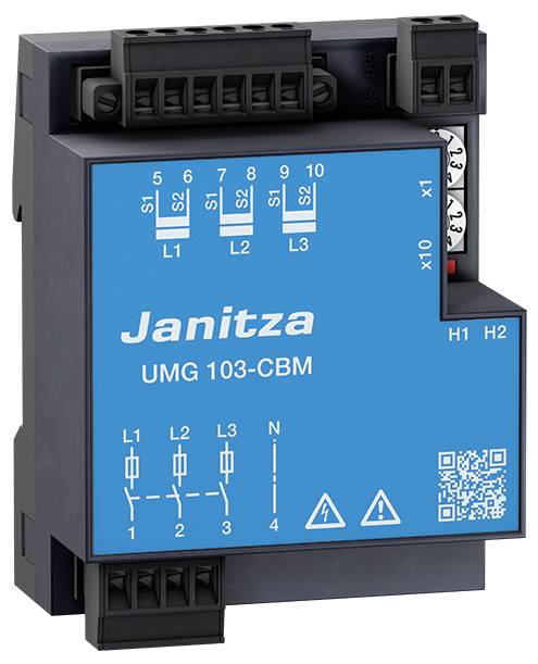Elektronisch meetapparaat 'Janitza UMG 103-CBM' met blauwe voorplaat, aansluitingen bovenaan en rechts, QR-code en gevarensymbolen.
